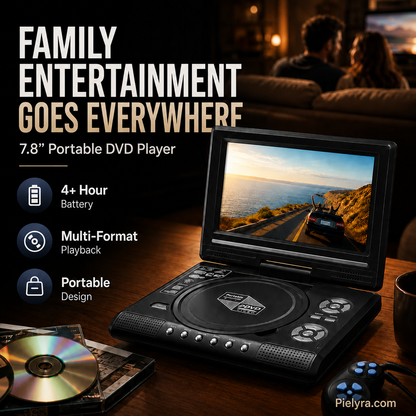 🚚 FREE Shipping! 7.8" HD Portable DVD Player – 4+ Hour Rechargeable Battery, Multi-Format Playback & Complete Travel Kit