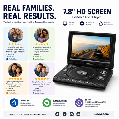 🚚 FREE Shipping! 7.8" HD Portable DVD Player – 4+ Hour Rechargeable Battery, Multi-Format Playback & Complete Travel Kit