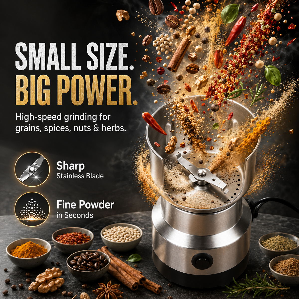 ⏳Last Day 49% OFF 🌿 Stainless Steel Dry Ingredient Grinder ✨ Spices, Grains & Coffee