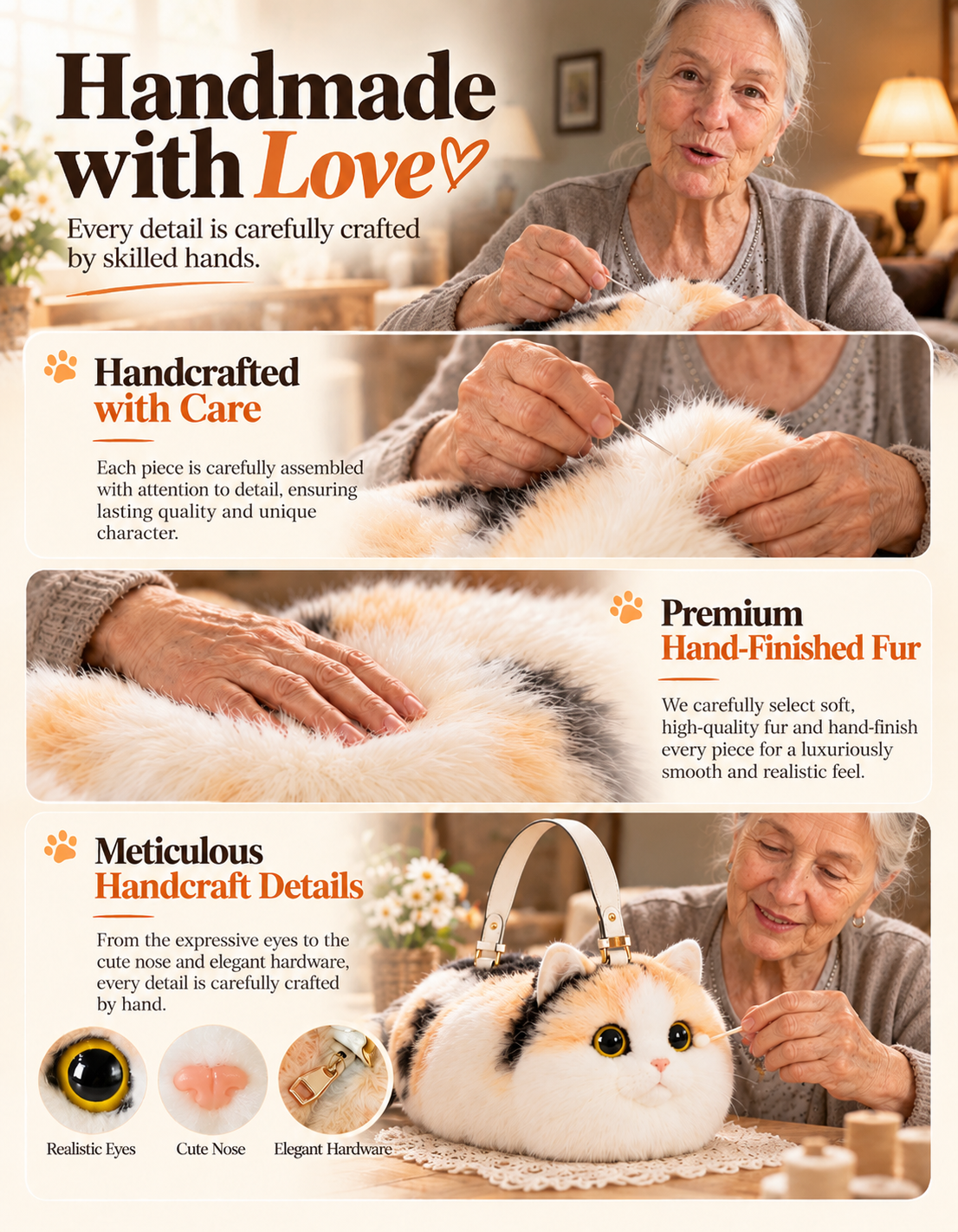 🐱❤️ 100% Handmade Plush Cat Handbag – Ultra-Soft Lifelike Kitty Purse, Crafted with Love