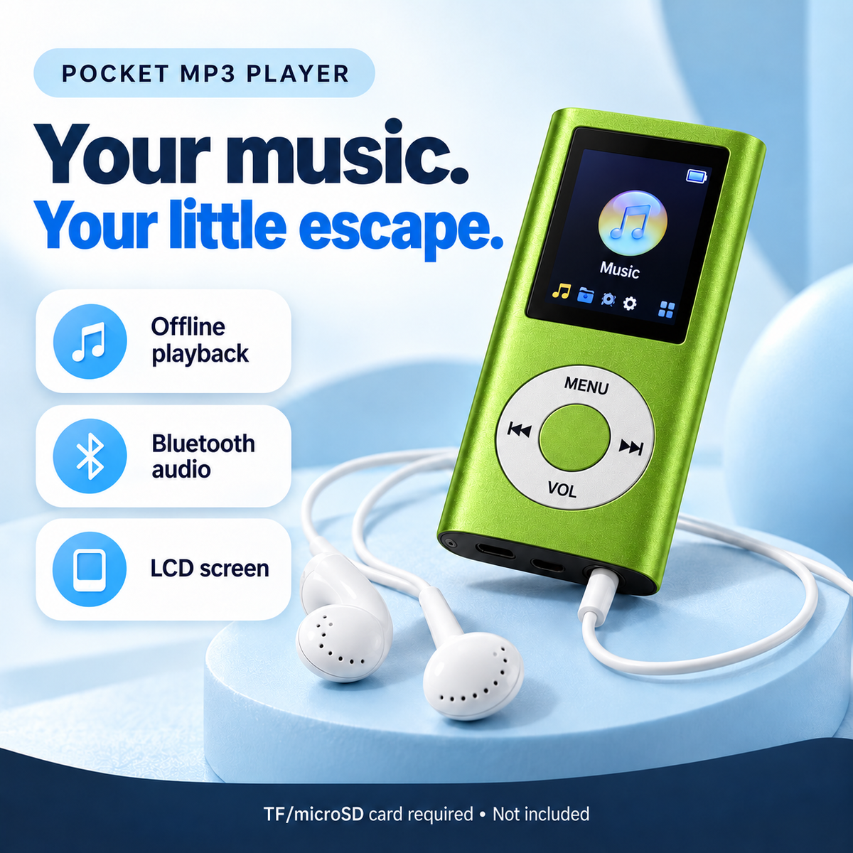 🎵 Pocket MP3 Player – Offline Music, Bluetooth Audio & LCD Screen