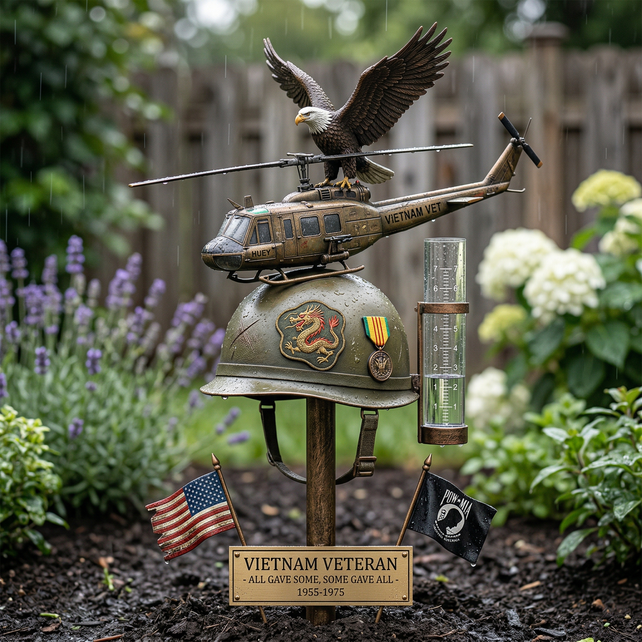 Vietnam Veteran Tribute Rain Gauge Garden Stake – Patriotic Outdoor Yard Decor & Remembrance Gift