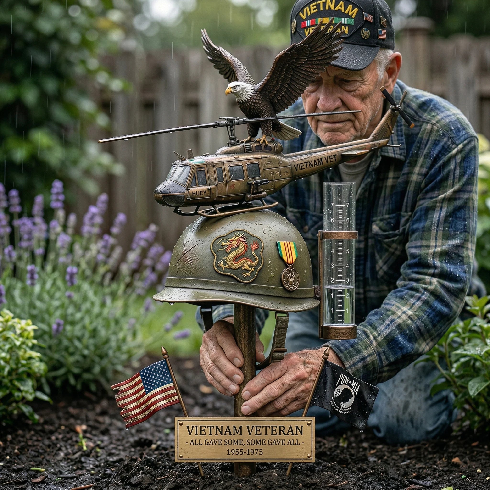Vietnam Veteran Tribute Rain Gauge Garden Stake – Patriotic Outdoor Yard Decor & Remembrance Gift