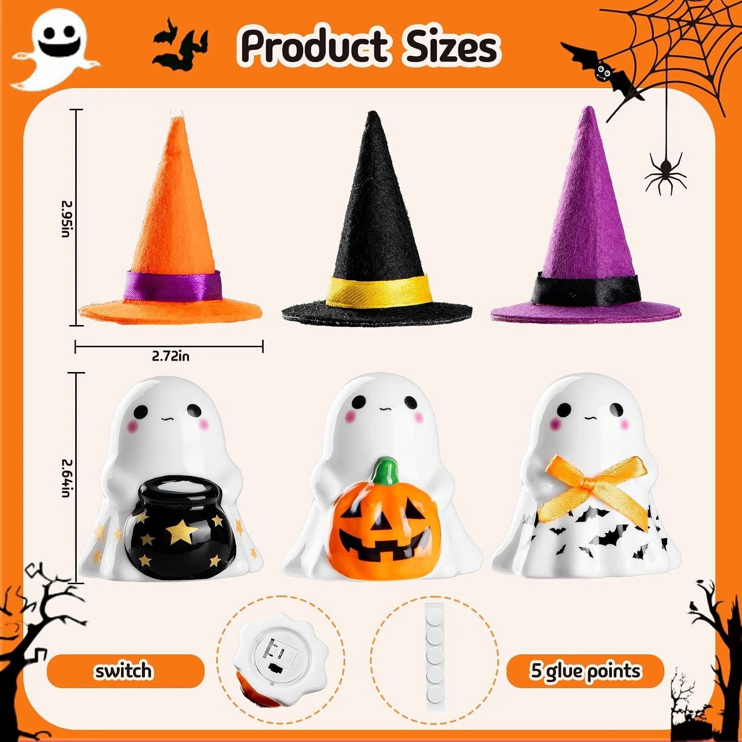 👻🌟 3-Piece Light-Up Ghost Halloween Decor Set | Cute Ghost Figurines with Colorful Witch Hats