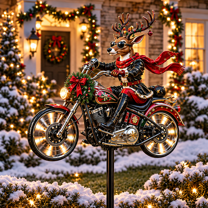 🎅🦌MerryRider™ Christmas Santa Biker Wind Spinner - Kinetic Metal Garden Stake for Holiday Yard Art & Winter Decor