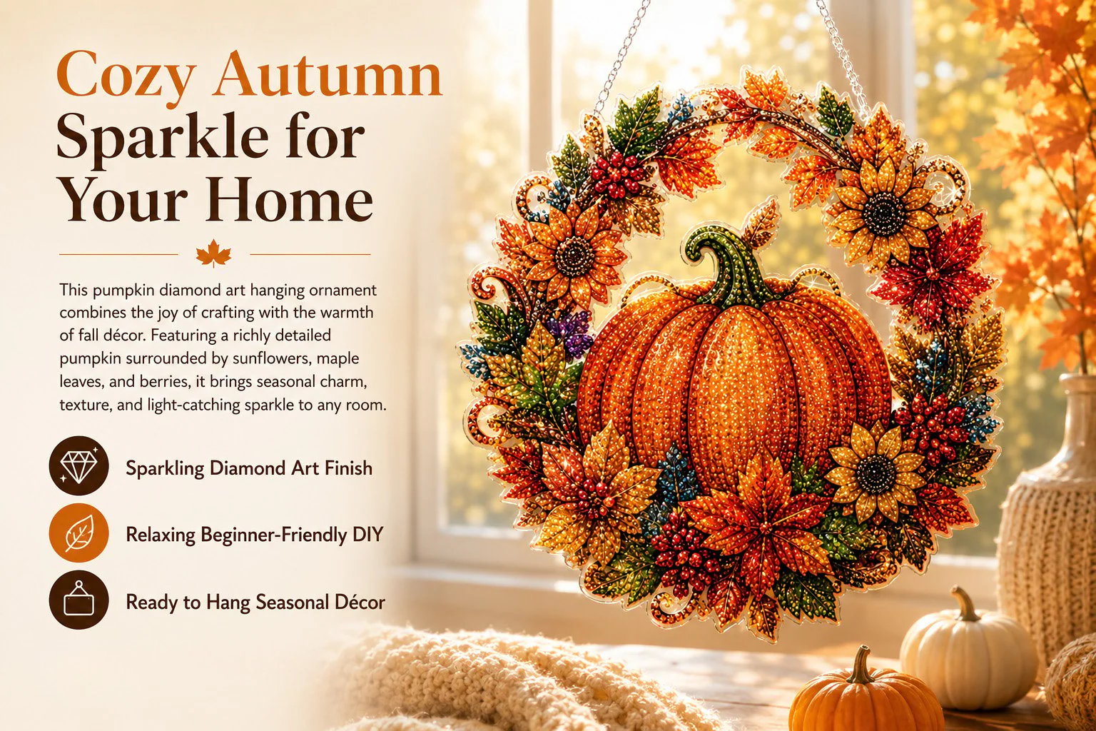 🔥Last Day 49% OFF - 🍂 Autumn Pumpkin Diamond Art Hanging Ornament Kit – Cozy Fall Craft Decor ✨
