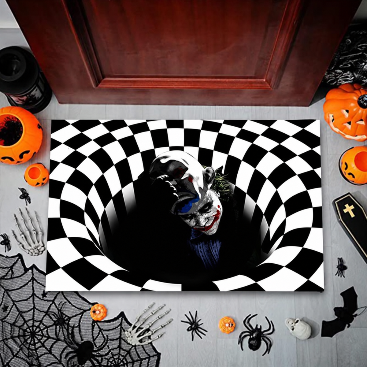 🎃💀Halloween Front Door Mat – Festive 3D Visual Skull & Clown Horror Rug