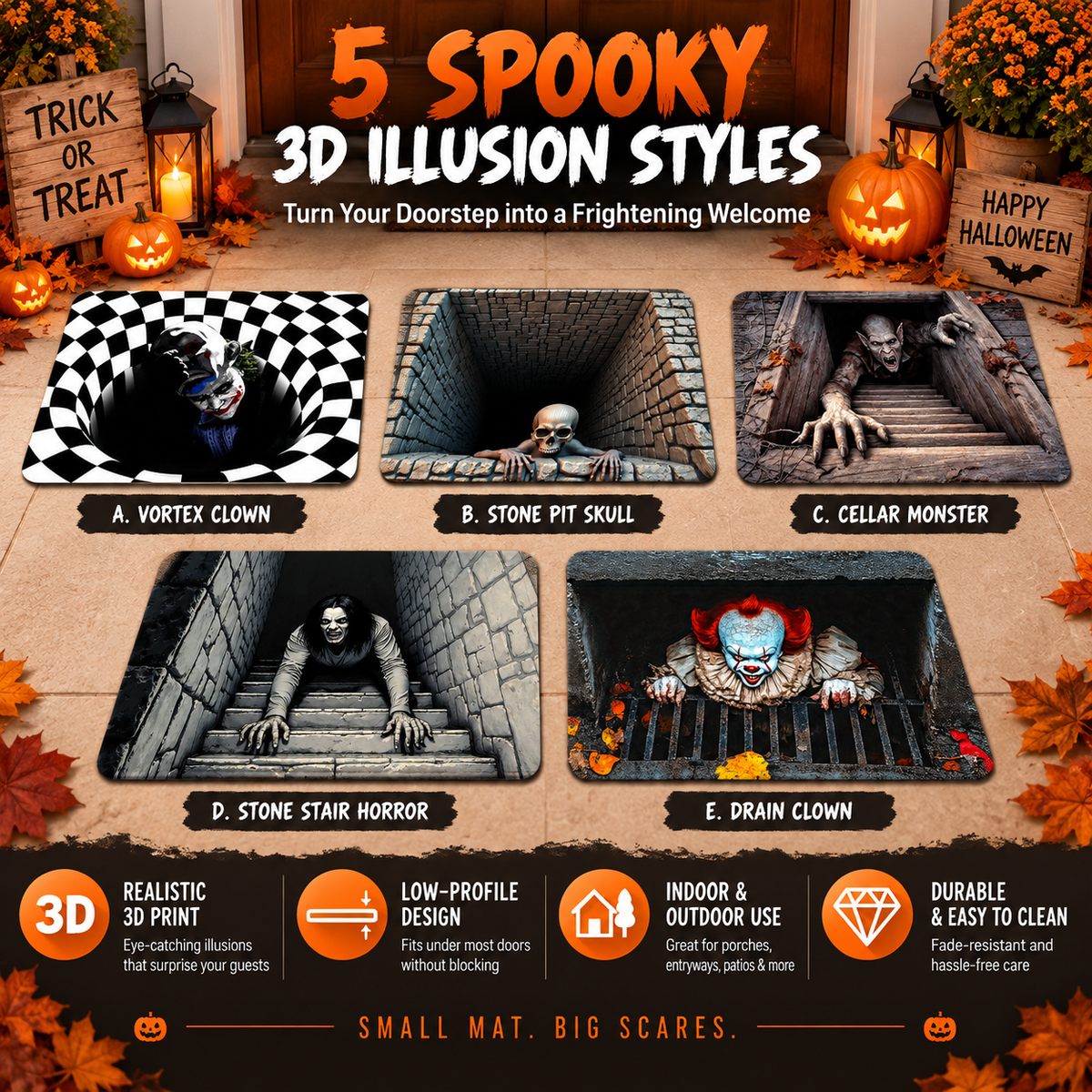 🎃💀Halloween Front Door Mat – Festive 3D Visual Skull & Clown Horror Rug