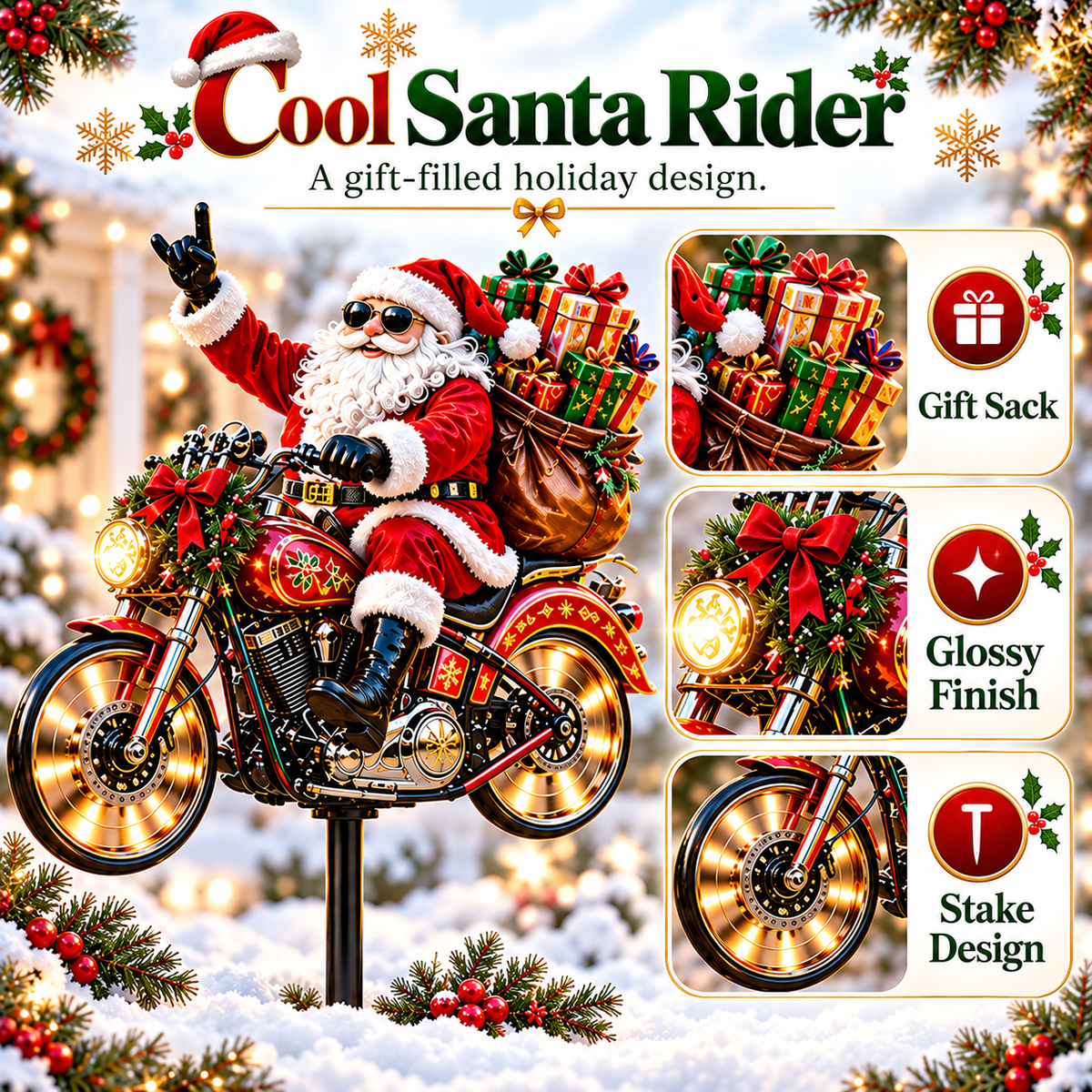 🎅🦌MerryRider™ Christmas Santa Biker Wind Spinner - Kinetic Metal Garden Stake for Holiday Yard Art & Winter Decor