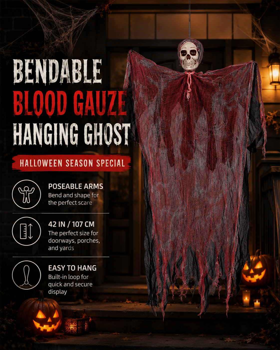 Bendable Blood Gauze Hanging Ghost – 42-Inch Halloween Skull Decoration