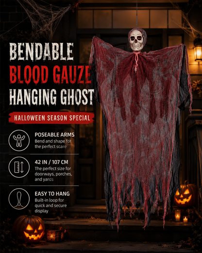 Bendable Blood Gauze Hanging Ghost – 42-Inch Halloween Skull Decoration