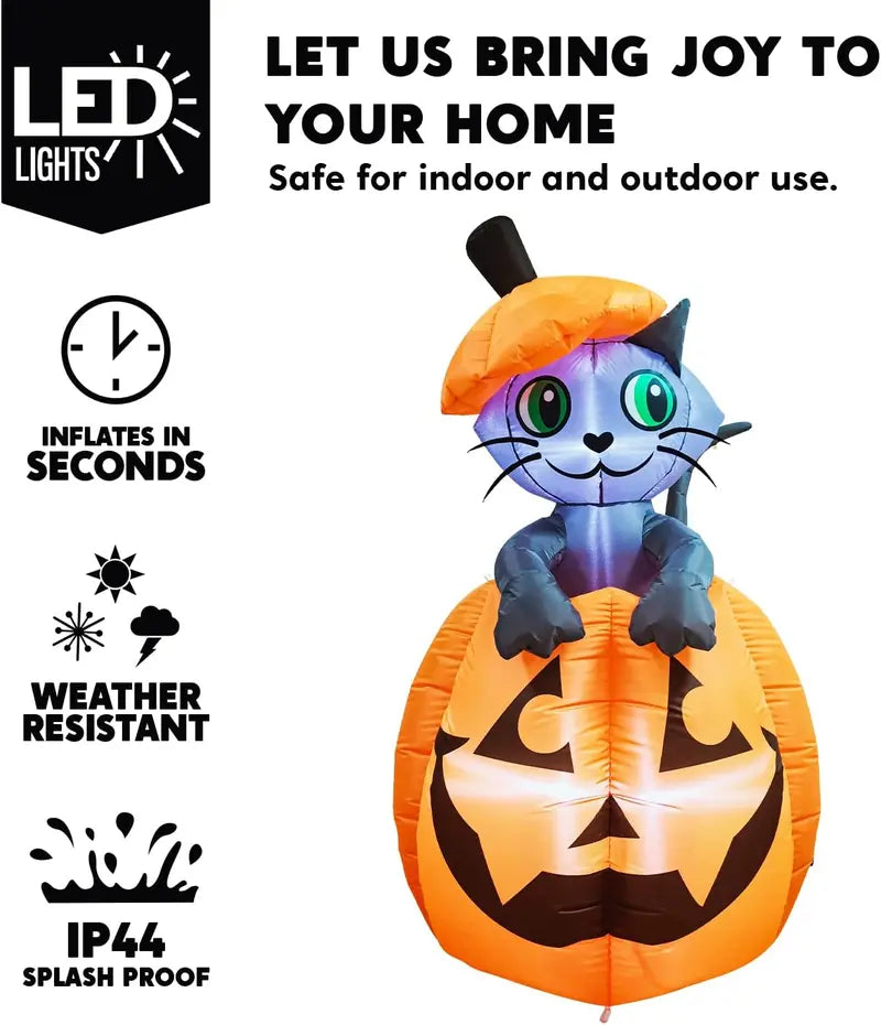🎃 5FT Light-Up Halloween Inflatable Cat in Pumpkin – Eye-Catching Yard & Porch Decoration