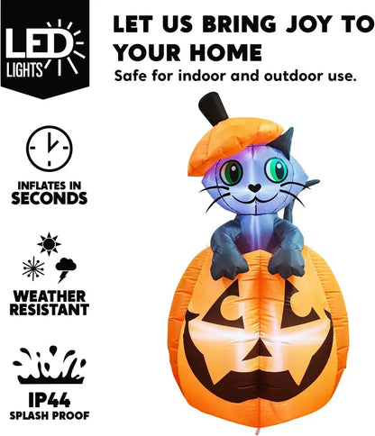 🎃 5FT Light-Up Halloween Inflatable Cat in Pumpkin – Eye-Catching Yard & Porch Decoration
