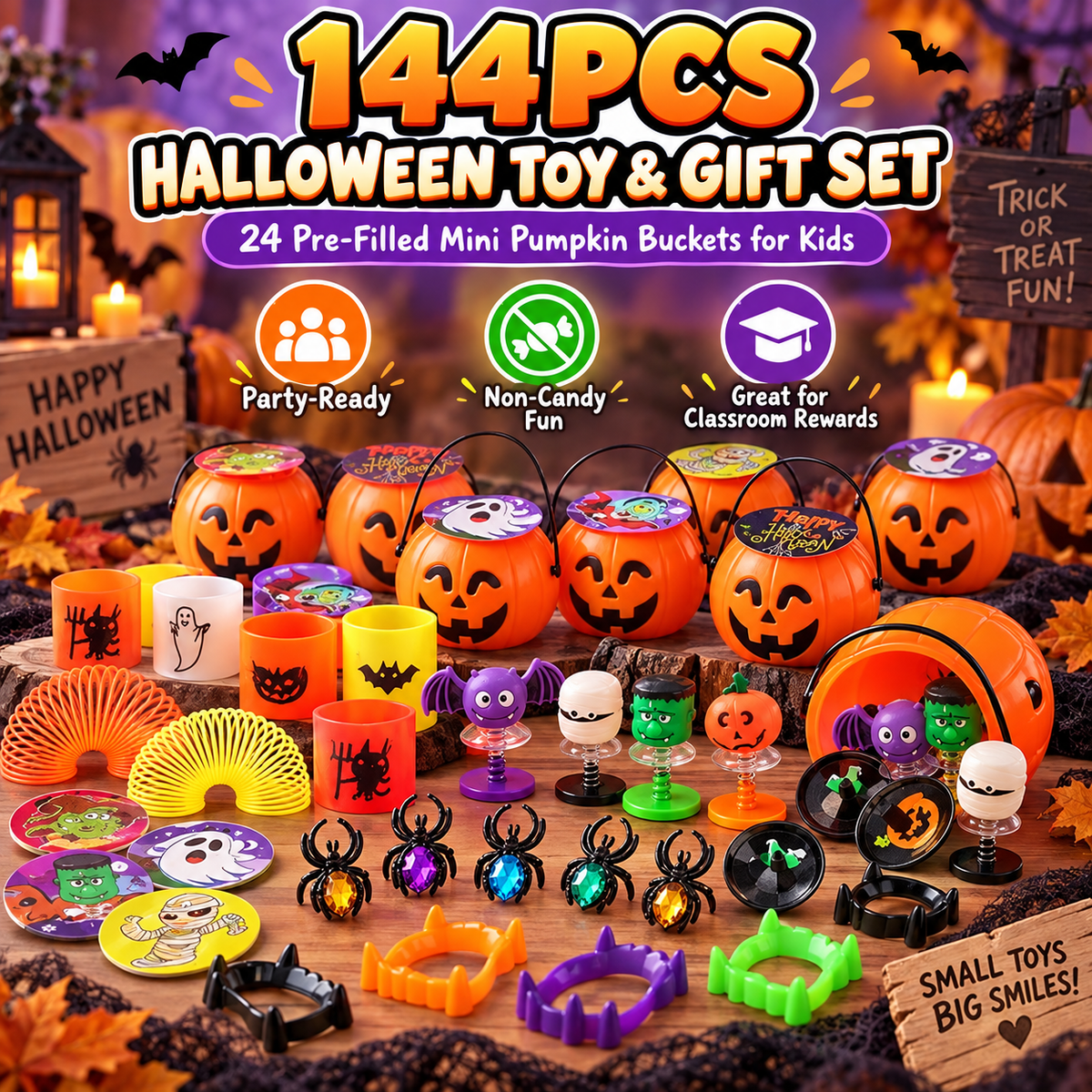 🎃 33% OFF | 24 Ready-to-Give Halloween Pumpkin Buckets – 144 Fun Toys Included