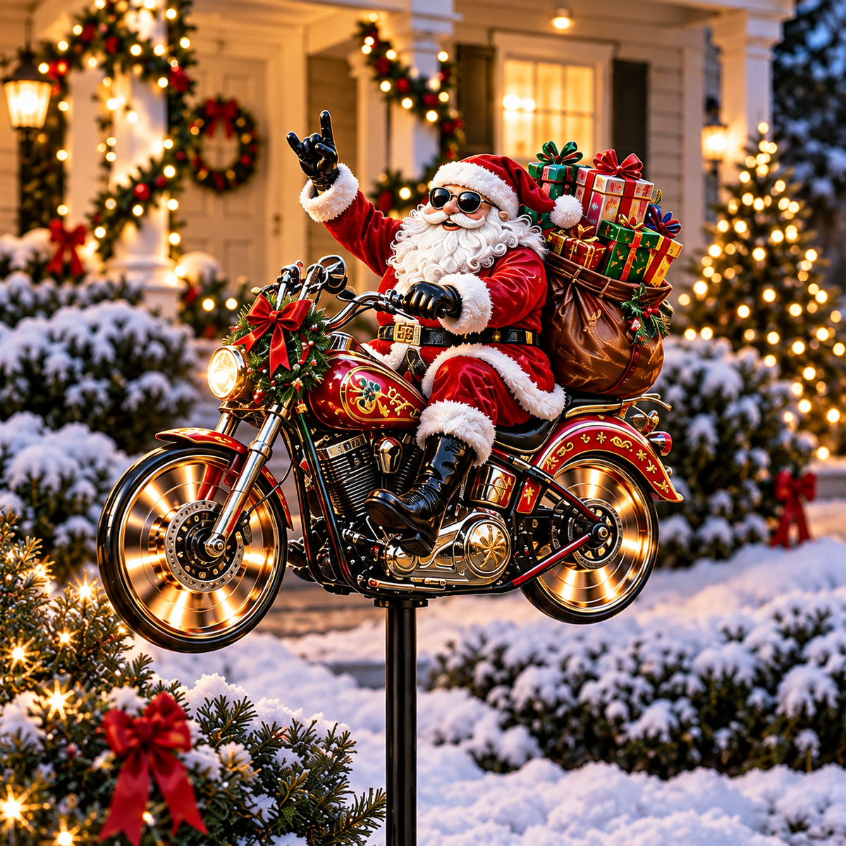 🎅🦌MerryRider™ Christmas Santa Biker Wind Spinner - Kinetic Metal Garden Stake for Holiday Yard Art & Winter Decor