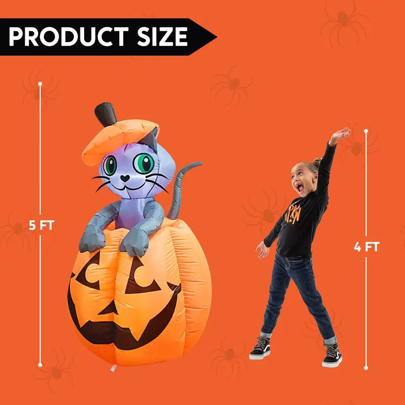 🎃 5FT Light-Up Halloween Inflatable Cat in Pumpkin – Eye-Catching Yard & Porch Decoration