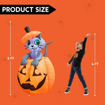 🎃 5FT Light-Up Halloween Inflatable Cat in Pumpkin – Eye-Catching Yard & Porch Decoration