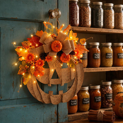 🔥 50% OFF – Lighted Burlap Pumpkin Wreath 🎃 | Cozy Fall Door Decor