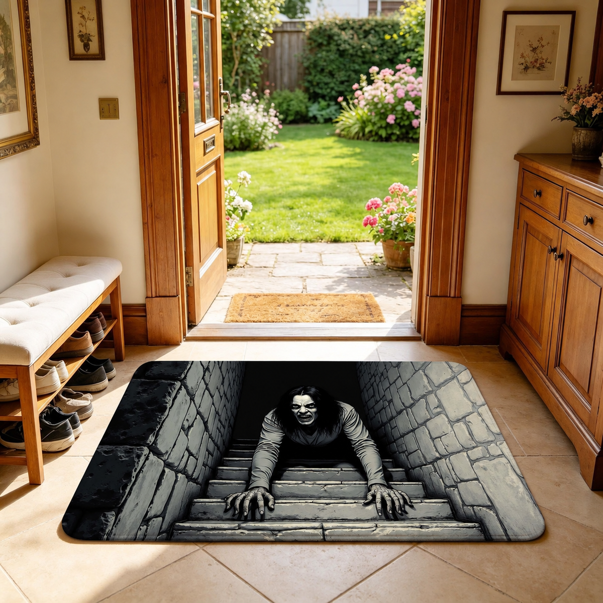 🎃💀Halloween Front Door Mat – Festive 3D Visual Skull & Clown Horror Rug