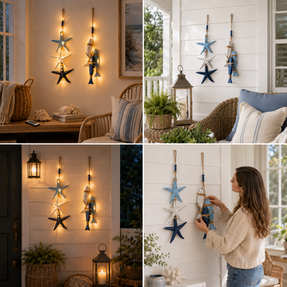 🔥 Limited-Time 50% OFF 🌊 Lighted Coastal Wooden Starfish & Fish Hanging Decor – 23.2" × 6.7" Beach Wall Accent