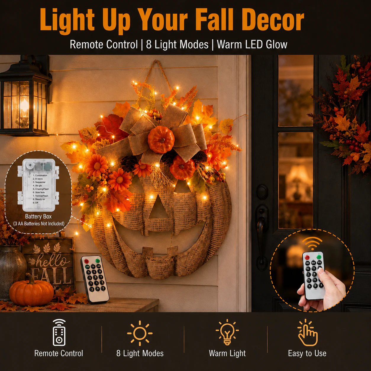 🔥 50% OFF – Lighted Burlap Pumpkin Wreath 🎃 | Cozy Fall Door Decor