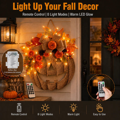🔥 50% OFF – Lighted Burlap Pumpkin Wreath 🎃 | Cozy Fall Door Decor