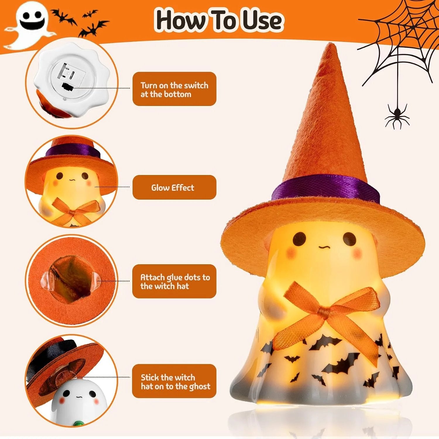 👻🌟 3-Piece Light-Up Ghost Halloween Decor Set | Cute Ghost Figurines with Colorful Witch Hats