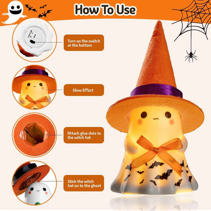 👻🌟 3-Piece Light-Up Ghost Halloween Decor Set | Cute Ghost Figurines with Colorful Witch Hats