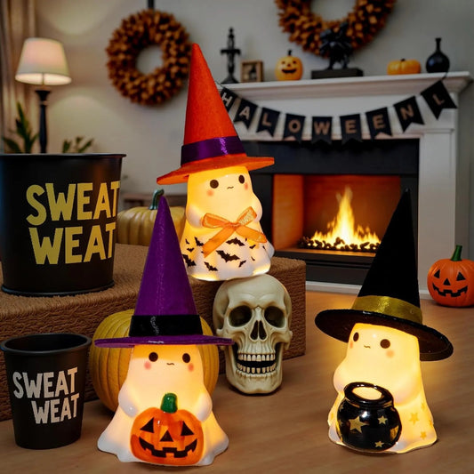 👻🌟 3-Piece Light-Up Ghost Halloween Decor Set | Cute Ghost Figurines with Colorful Witch Hats