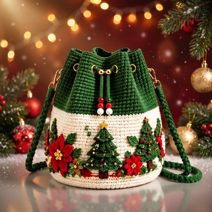 🧶Handmade Christmas Crochet Bucket Bag🎄✨Festive Crossbody Holiday Purse, Hand-Knit Christmas Gift