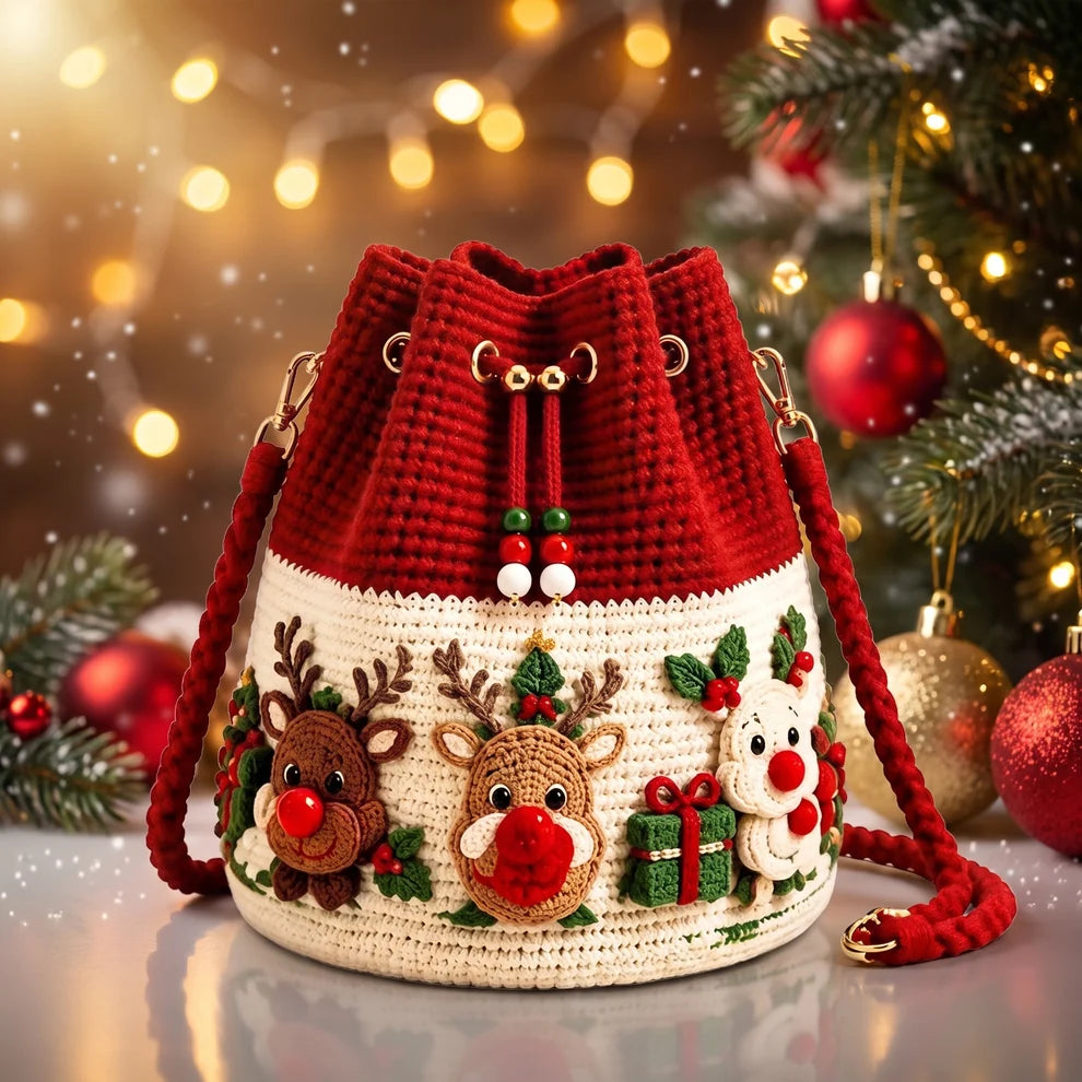 🧶Handmade Christmas Crochet Bucket Bag🎄✨Festive Crossbody Holiday Purse, Hand-Knit Christmas Gift