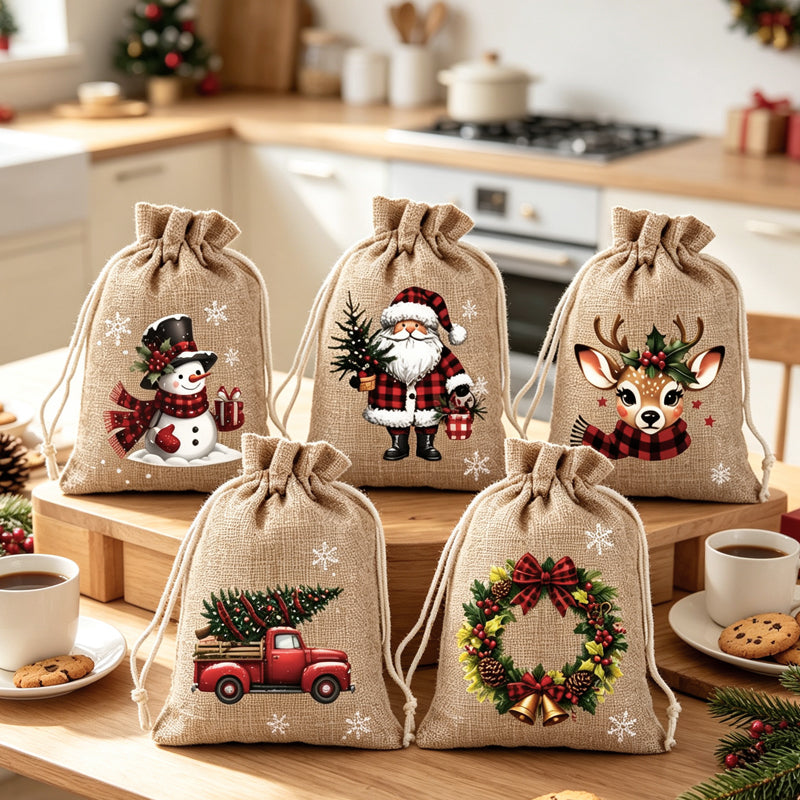 ⚡ Christmas Drawstring Gift Bags – Festive Santa & Reindeer Prints, Double Drawstring Closure & Durable Fabric – Holiday Cheer in Every Gift