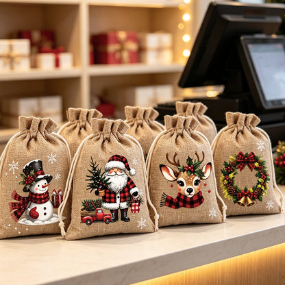 🎅🎄 Christmas Drawstring Gift Bags – Festive Santa & Reindeer Prints, Double Drawstring Closure & Durable Fabric