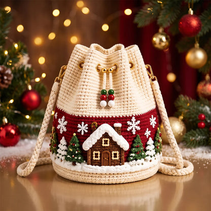 🧶Handmade Christmas Crochet Bucket Bag🎄✨Festive Crossbody Holiday Purse, Hand-Knit Christmas Gift